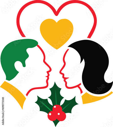 Stylized couple profile faces share a heart symbol above holly leaves, on white