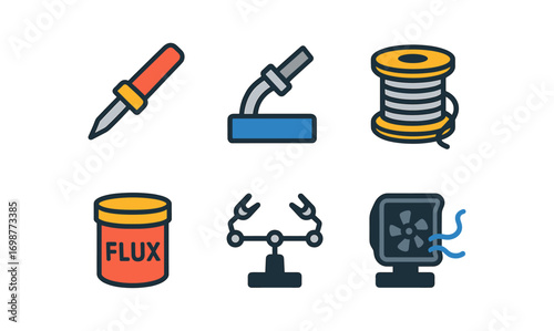 Electronics workshop tools set with soldering iron and wire roll icons in colorful linear style