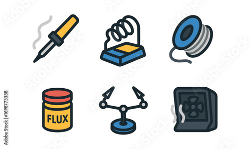 Soldering tools icons set: linear style electronics equipment