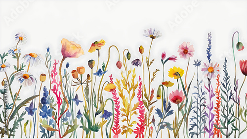 The watercolor illustration depicts a vibrant array of wildflowers, capturing the essence of a meadow in full bloom, with intricate details and a balanced composition.