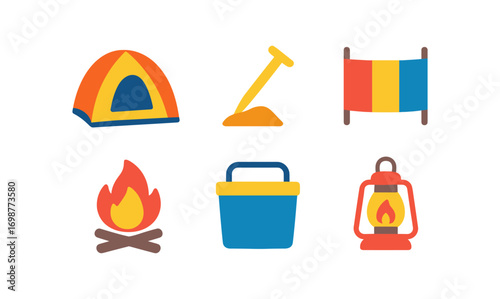 Colorful camping icons: tent, campfire, lantern, and outdoor gear