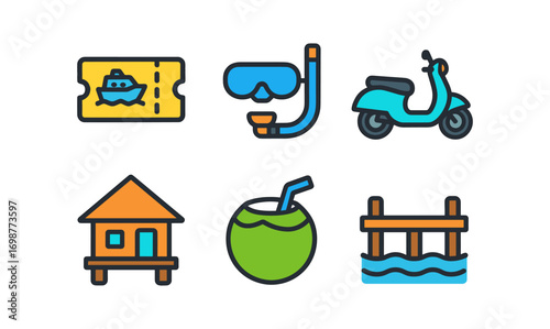 Travel icons set featuring beach house, coconut drink, and scooter in colorful outline style
