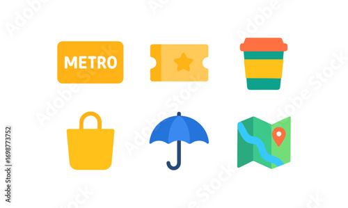 Colorful urban essentials: tickets, coffee, shopping, and travel icons