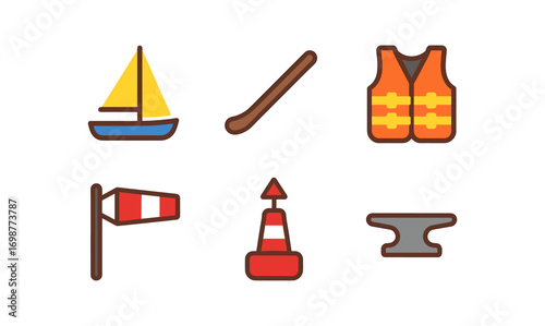 Set of nautical and safety equipment icons in flat style