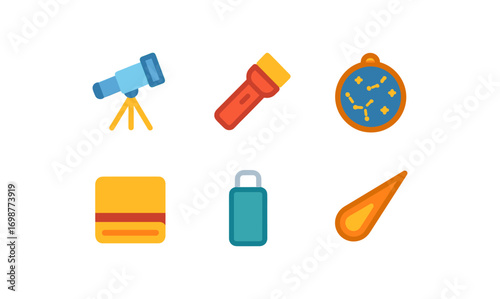 Flat style astronomy and space equipment icon set for educational design projects