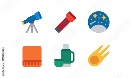 Space exploration icons: telescope, flashlight, constellation, blanket, thermos, meteor