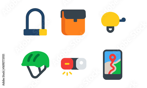 Colorful flat style bicycle accessories set for urban commuters