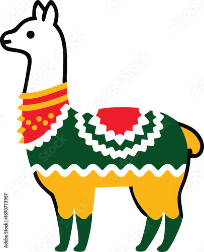 Colorful cartoon llama stands peacefully with its decorative saddle cloth and transparent background