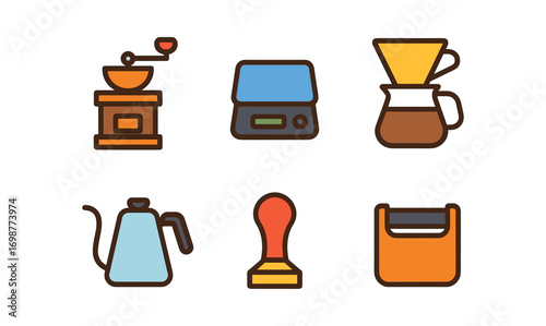 Coffee brewing tools icons set for cafes and baristas