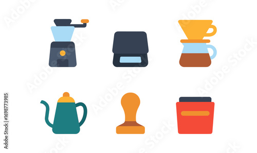 Coffee making essentials: colorful flat design of brewing tools