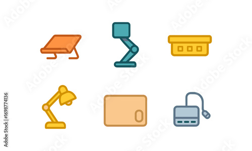 Minimalist office desk accessories in flat style with modern design elements