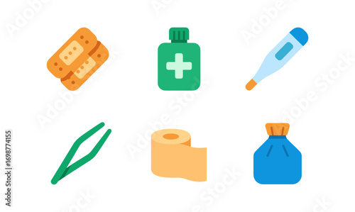 Flat medical icons set: thermometer, bandages, medicine bottle, tweezers, tape, hot pack