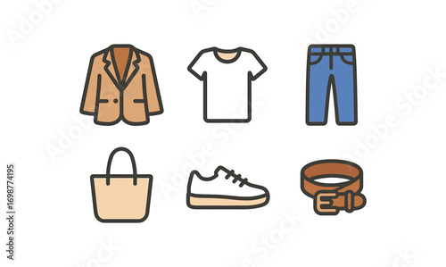 Minimalist fashion icons set featuring clothing and accessories in linear design