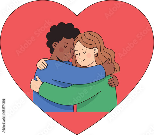 Diverse couple hugging inside a heart