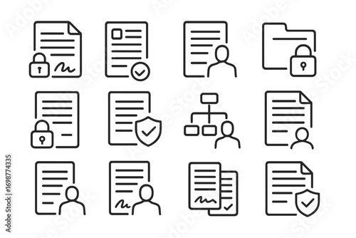 NDA Icons Collection. Line style icons of NDA agreements: signed confidentiality agreement, non-disclosure form, private info