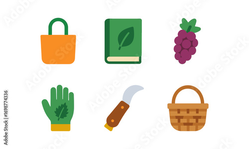 Gardening icons collection featuring tools, basket, produce, and handbook for eco-friendly practices