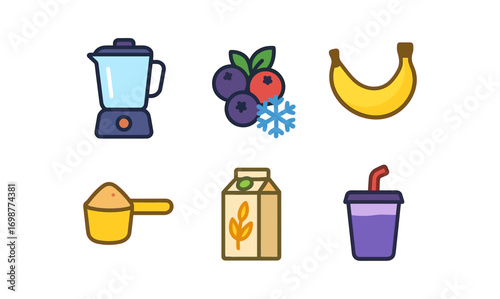 Colorful smoothie ingredients: blender, banana, blueberries, protein powder, juice, and cup icons
