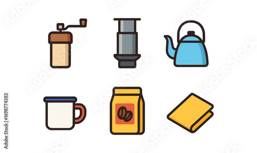 Colorful coffee brewing equipment icons set: grinder, press, pot, mug, beans, filter