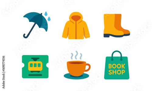Colorful autumn icons: umbrella, raincoat, boots, ticket, coffee, bookshop