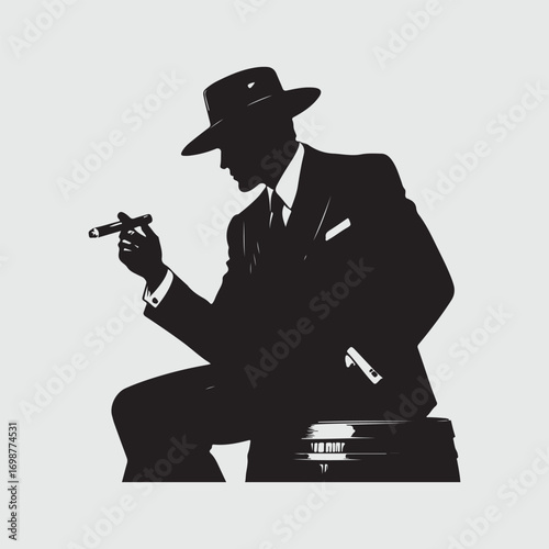 Silhouette of a man in a suit and hat holding a cigar vector