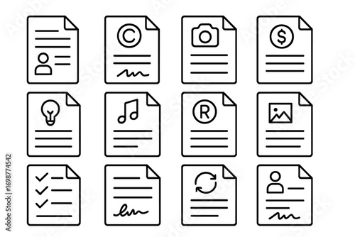 License Icons Collection. Line style icons of license contracts: usage rights document, signed copyright agreement, content