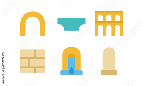 Ancient roman architecture icons: arches, aqueducts, and columns in flat design style