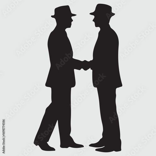 Two men in silhouette shaking hands wearing fedora hats and suits handshake agreement