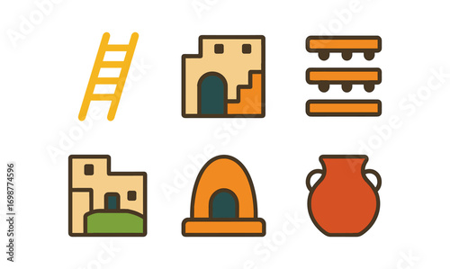 Traditional southwestern adobe elements and symbols in flat design