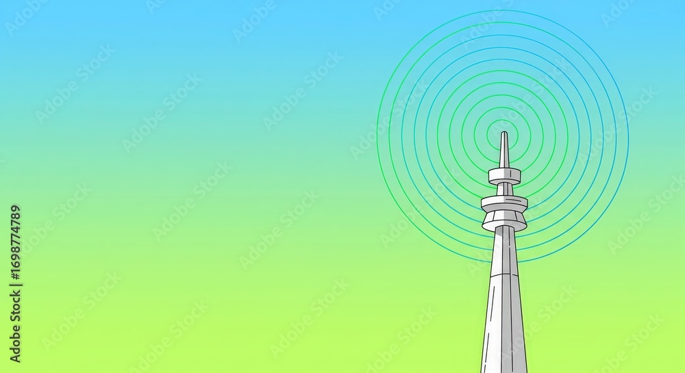 Obraz premium Abstract illustration of a communication tower broadcasting radio waves against a vibrant gradient background.