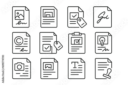 Creative Contract Icons. Line style icons of creative contracts: illustration agreement file, artwork commission contract, project