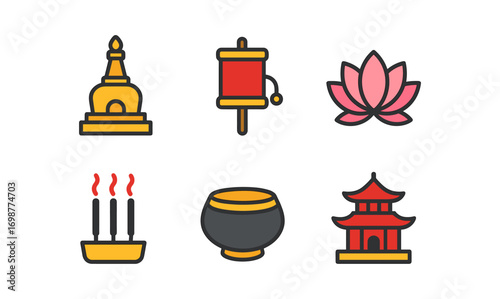 Colorful buddhist symbols: pagoda, prayer wheel, lotus, incense, shrine icons