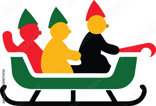 Abstract elves wearing colorful hats joyfully ride a green and red Christmas sleigh