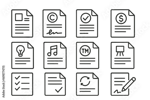 License Icons Collection. Line style icons of license contracts: usage rights document, signed copyright agreement, content