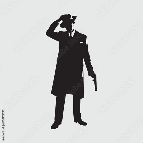Silhouette of a man in a fedora hat and trench coat holding a pistol male person