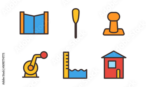 Colorful linear icons of map, oar, stamp, winch, water gauge, and house