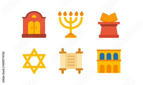 Jewish heritage symbols: menorah, star of david, and more in flat design style