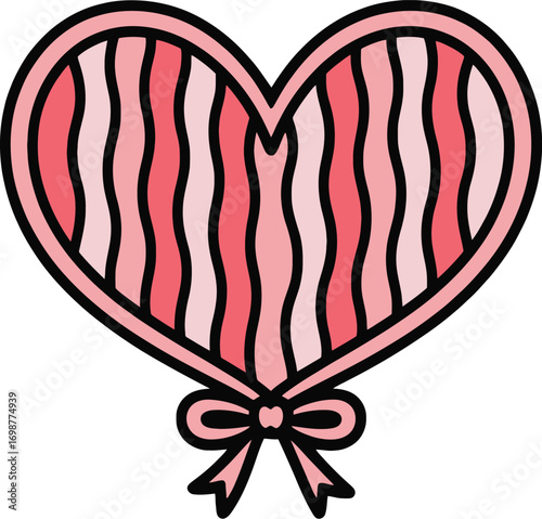Striped Heart with Bow, Pink Valentine Heart Design, Romantic Love Heart Graphic, Cute Candy Heart Illustration, Sweetheart Pattern for Valentine's Day