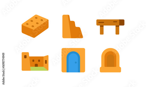 Flat style adobe building icons set with brick and colorful door elements