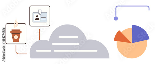 Cloud platform connecting coffee cup, ID badge, and pie chart for data, work-life balance, analytics, work identity. Ideal for technology, collaboration, office cloud storage productivity remote