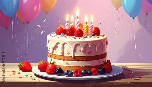 Vibrant birthday cake scene with balloons and sprinkles