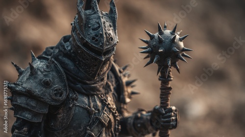 Plague-era knight in blackened armor with spiked mace, eerie and intimidating, minimal scorched battlefield backdrop, 16:9