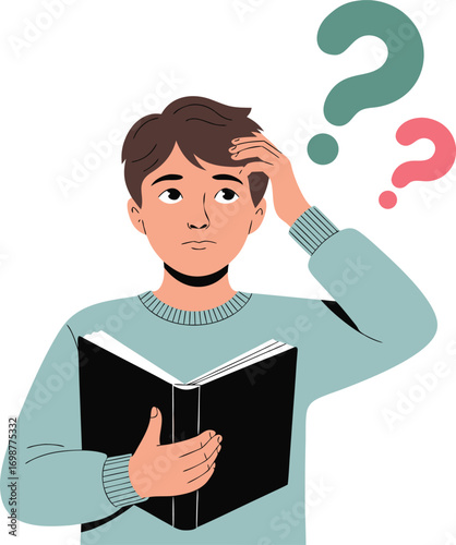 Young man holding a book and scratching his head, isolated on white background