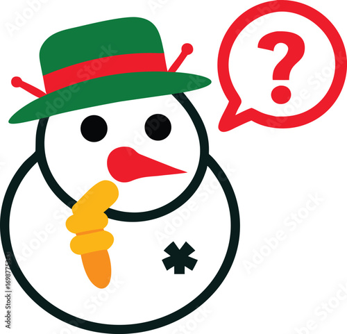 Illustrated snowman with green hat ponders a question mark inside a red bubble