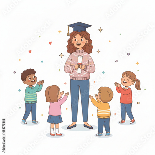 A smiling teacher wearing a graduation cap holds a diploma while children happily clap around her.