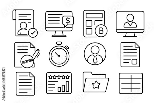 Freelance Bidding Icons. Line style icons of freelance bidding: freelancer proposal document, job listing with bid icon, hourly