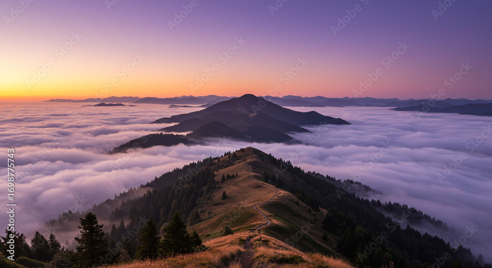 Obraz premium Breathtaking mountain ridge path at sunrise above a sea of clouds, serene dawn sky with vibrant gradient colors