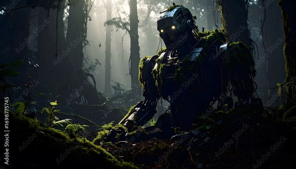 Fototapeta premium A weathered robot, partially covered in moss, stands silently in a dense, sun-dappled forest, its eyes glowing faintly.