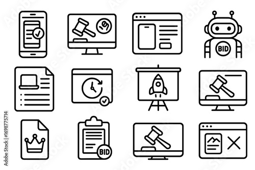 Tech Product Bidding Icons. Line style icons of tech product bidding: smartphone bid form, electronics auction screen, online