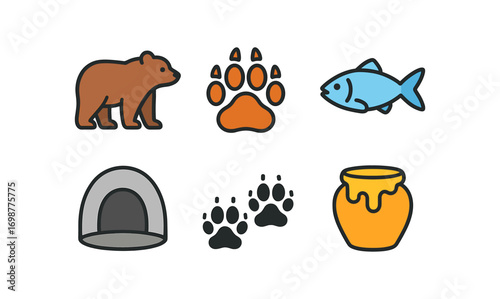 Animal icon set featuring bear, fish, paw prints, honey pot, cave