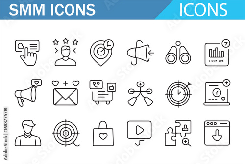 Digital marketing icons collection with social media, funnel, and brand outline art